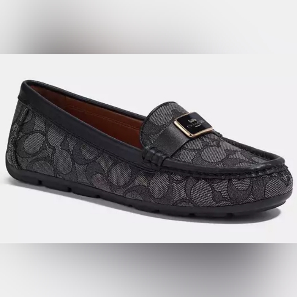 Coach Mona Driver in black signature jacquard, new in box, 7.5 B